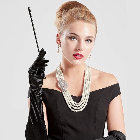 Vintage Pearl Necklace Earrings Jewelry Set Faux Multi-Layer Bridal Accessory - Picture 8 of 9